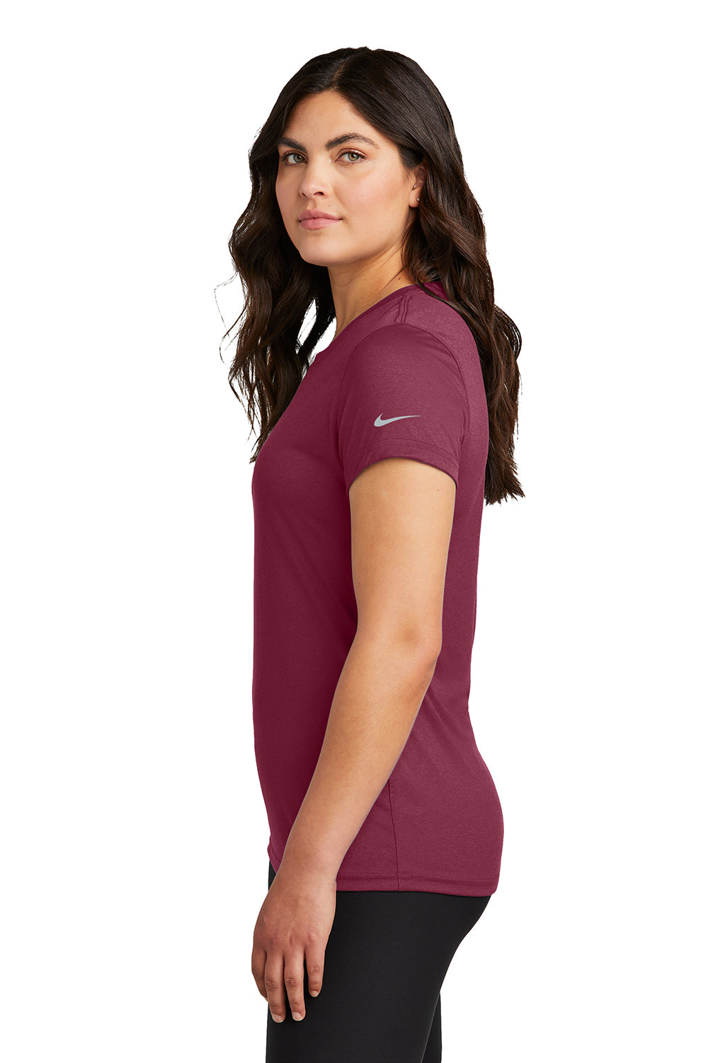 Nike NKDX8734 Womens rLegend Dri-Fit Moisture Wicking Short Sleeve Crewneck T-Shirt Team Maroon Model Side