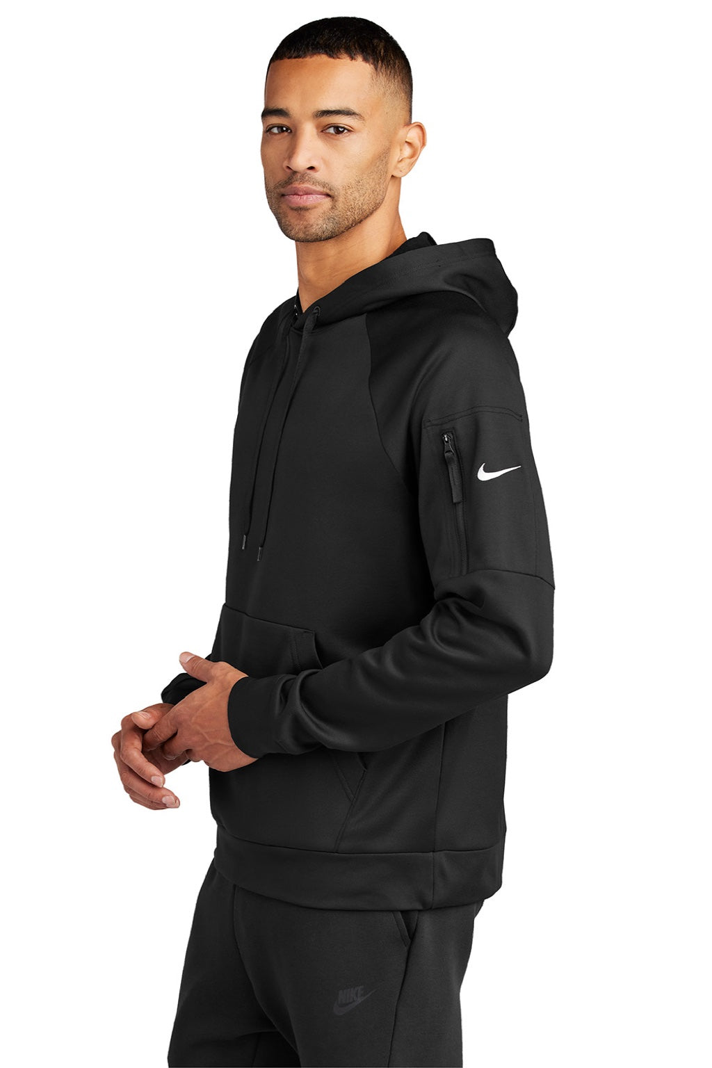 Nike NKFD9735 Mens Therma-Fit Fleece Hooded Sweatshirt Hoodie w/ Pouch Pocket Black Model Side
