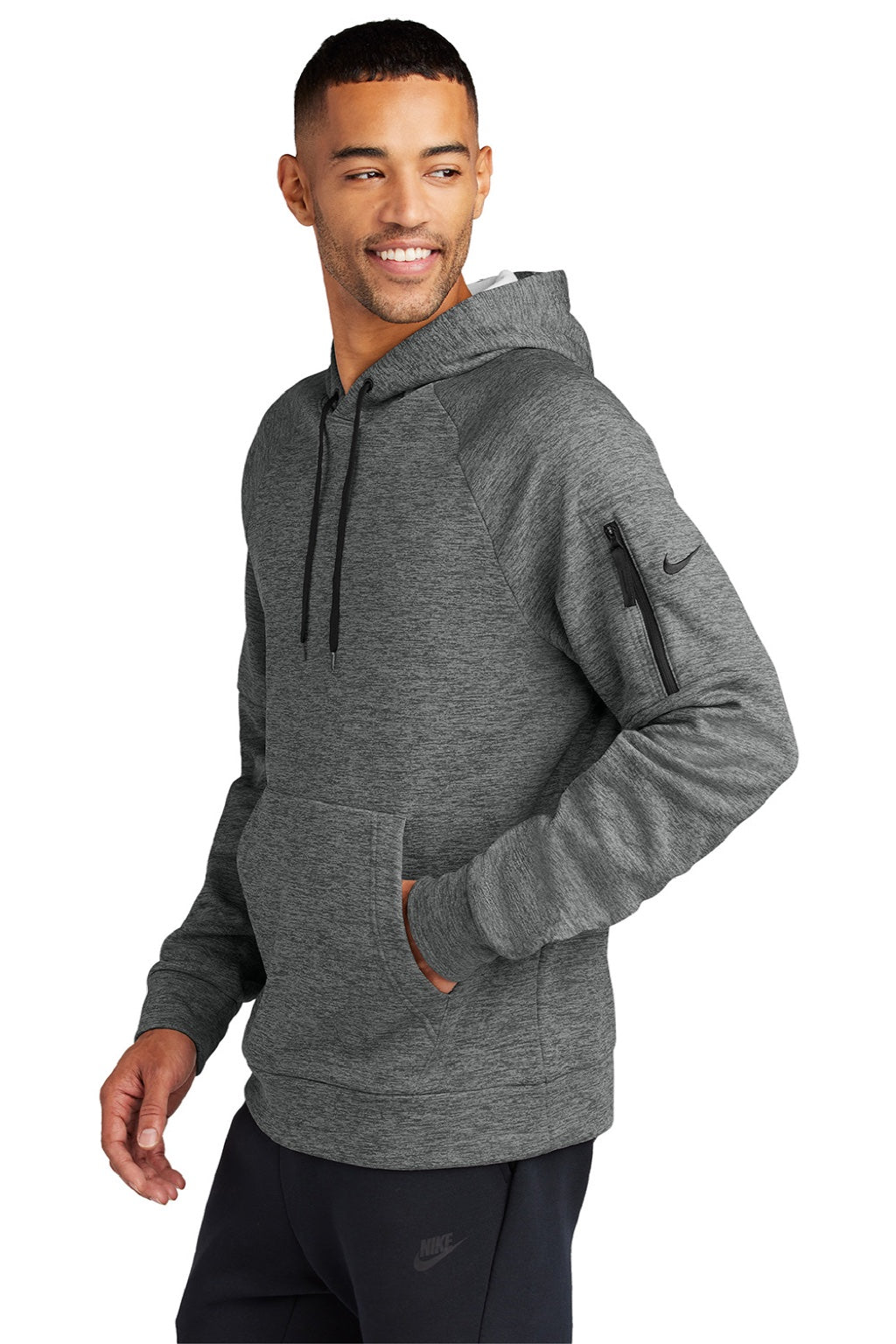 Nike NKFD9735 Mens Therma-Fit Fleece Hooded Sweatshirt Hoodie w/ Pouch Pocket Heather Charcoal Grey Model Side