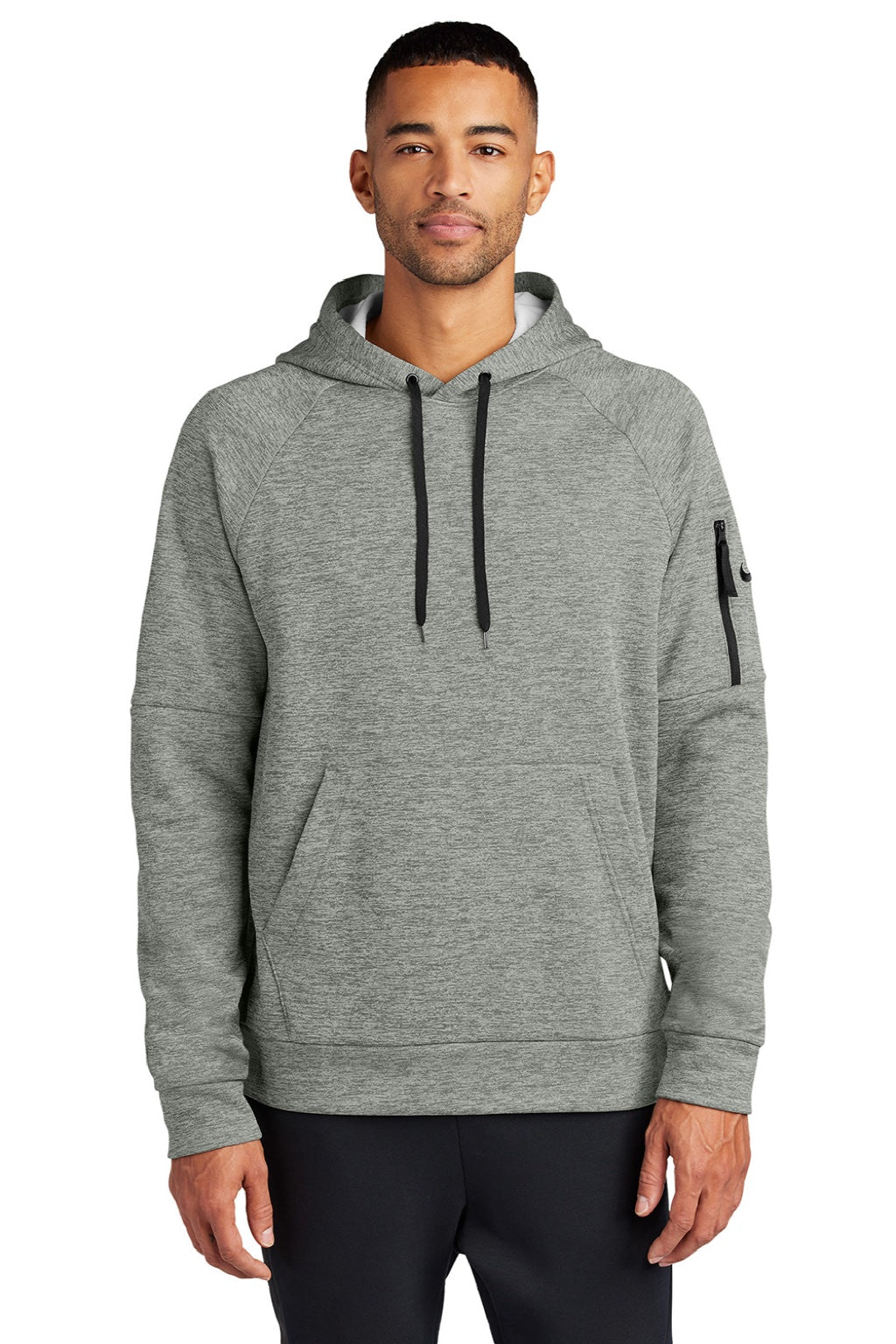 Nike NKFD9735 Mens Therma-Fit Fleece Hooded Sweatshirt Hoodie w/ Pouch Pocket Heather Dark Grey Model Front