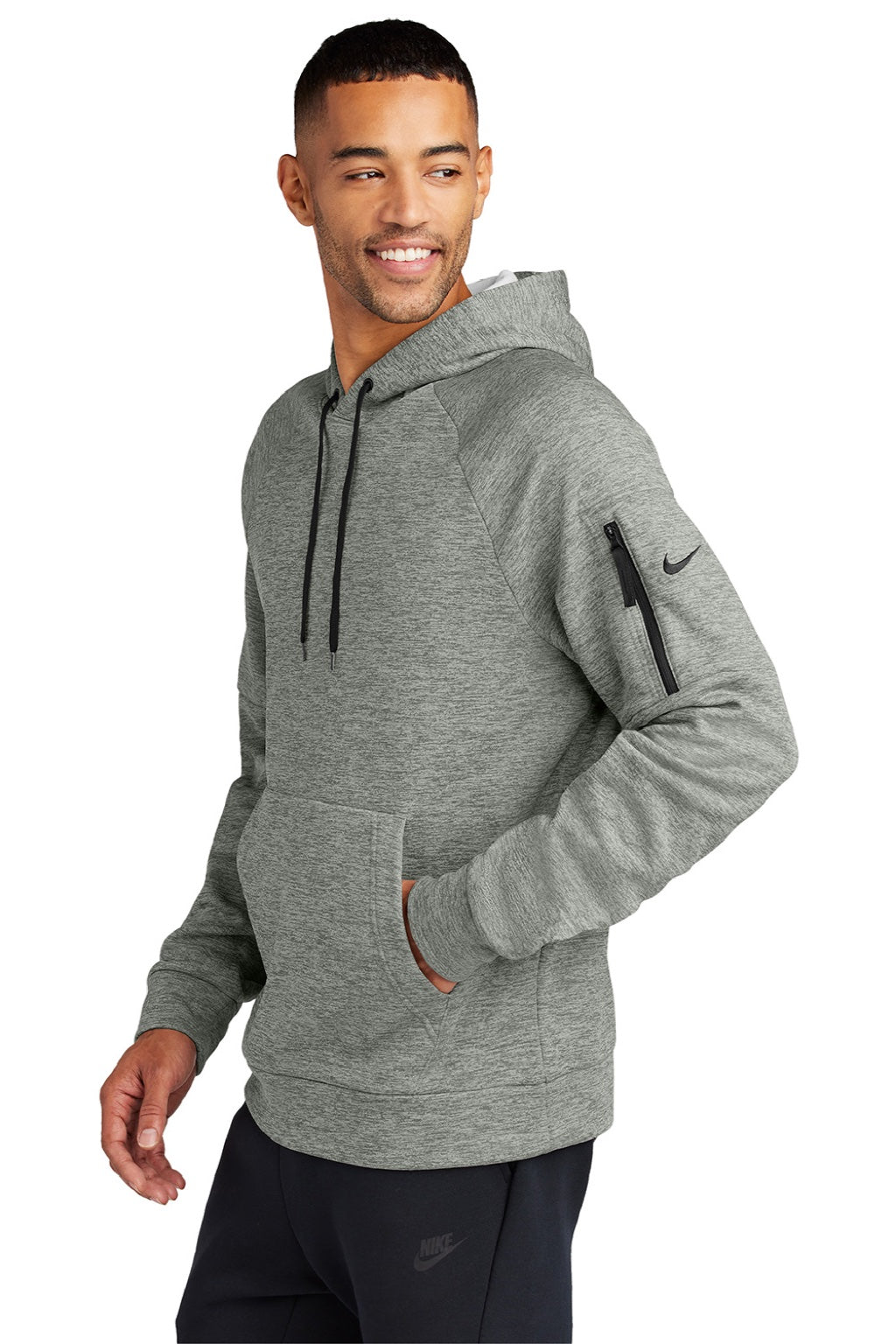 Nike NKFD9735 Mens Therma-Fit Fleece Hooded Sweatshirt Hoodie w/ Pouch Pocket Heather Dark Grey Model Side