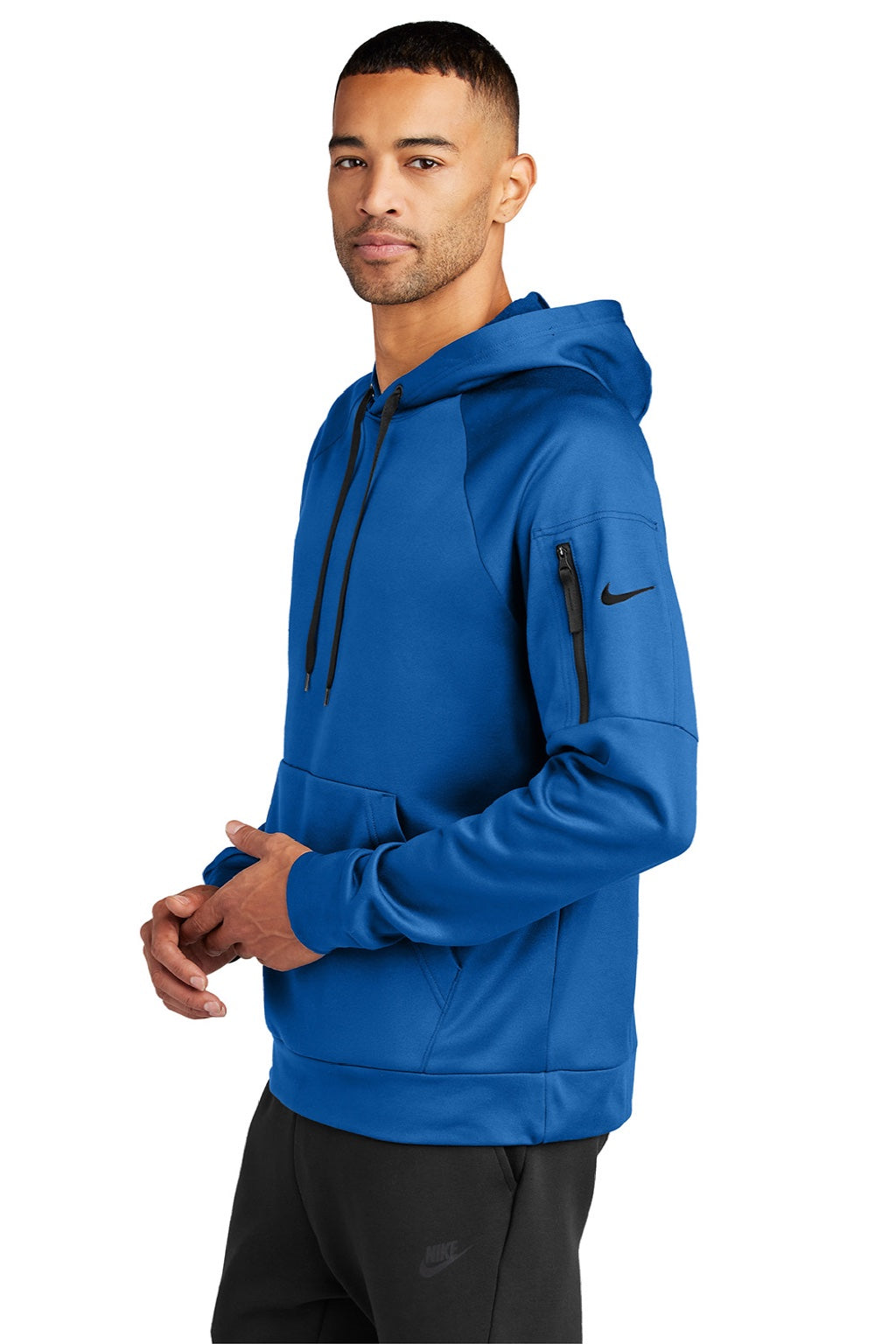 Nike NKFD9735 Mens Therma-Fit Fleece Hooded Sweatshirt Hoodie w/ Pouch Pocket Game Royal Blue Model Side