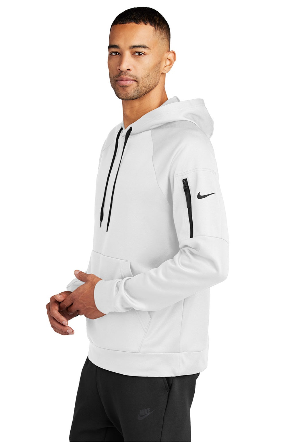 Nike NKFD9735 Mens Therma-Fit Fleece Hooded Sweatshirt Hoodie w/ Pouch Pocket White Model Side