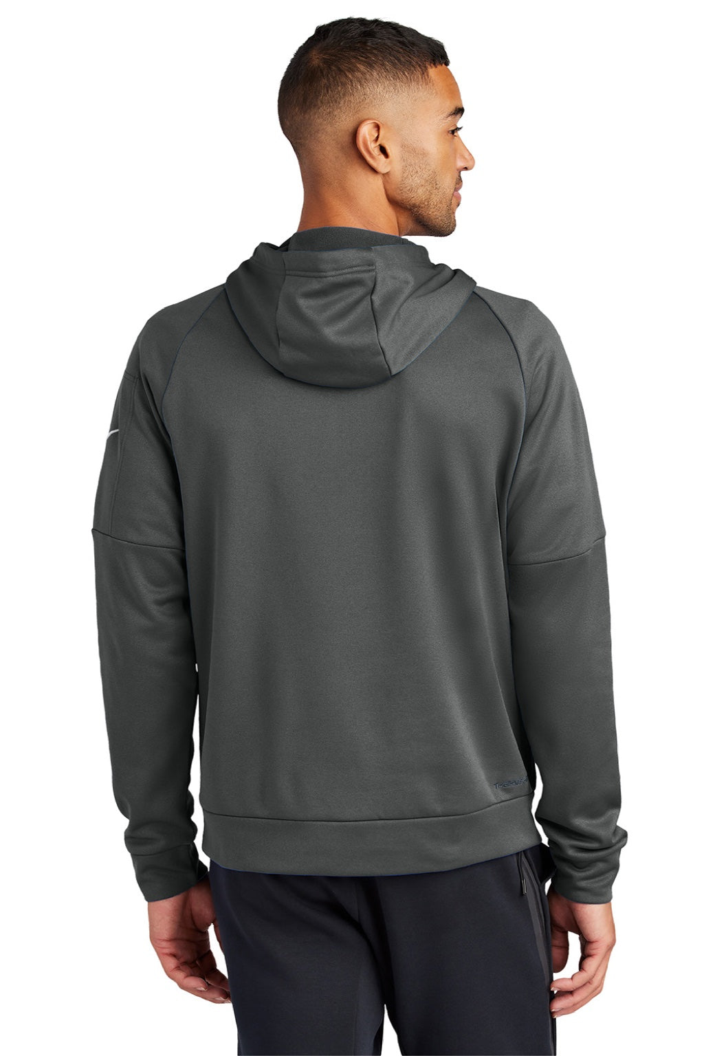 Nike NKFD9742 Mens Therma-Fit Fleece 1/4 Zip Hooded Sweatshirt Hoodie w/ Pouch Pocket Anthracite Grey Model Back