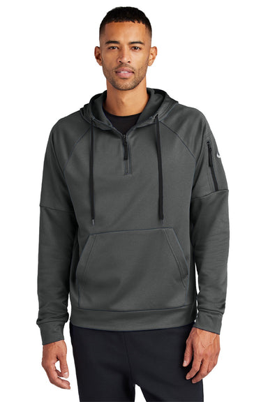 Nike NKFD9742 Mens Therma-Fit Fleece 1/4 Zip Hooded Sweatshirt Hoodie w/ Pouch Pocket Anthracite Grey Model Front