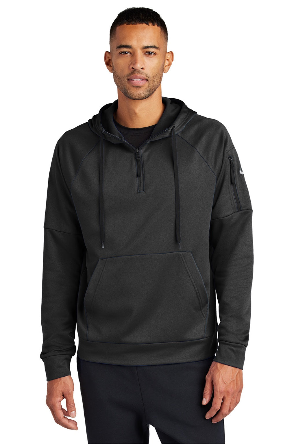 Nike NKFD9742 Mens Therma-Fit Fleece 1/4 Zip Hooded Sweatshirt Hoodie w/ Pouch Pocket Black Model Front