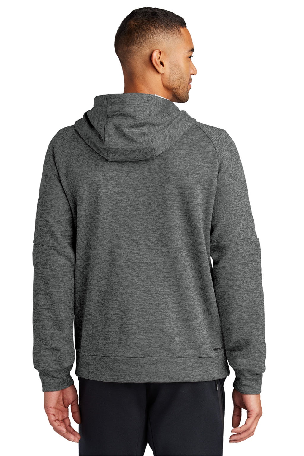 Nike NKFD9742 Mens Therma-Fit Fleece 1/4 Zip Hooded Sweatshirt Hoodie w/ Pouch Pocket Heather Charcoal Grey Model Back