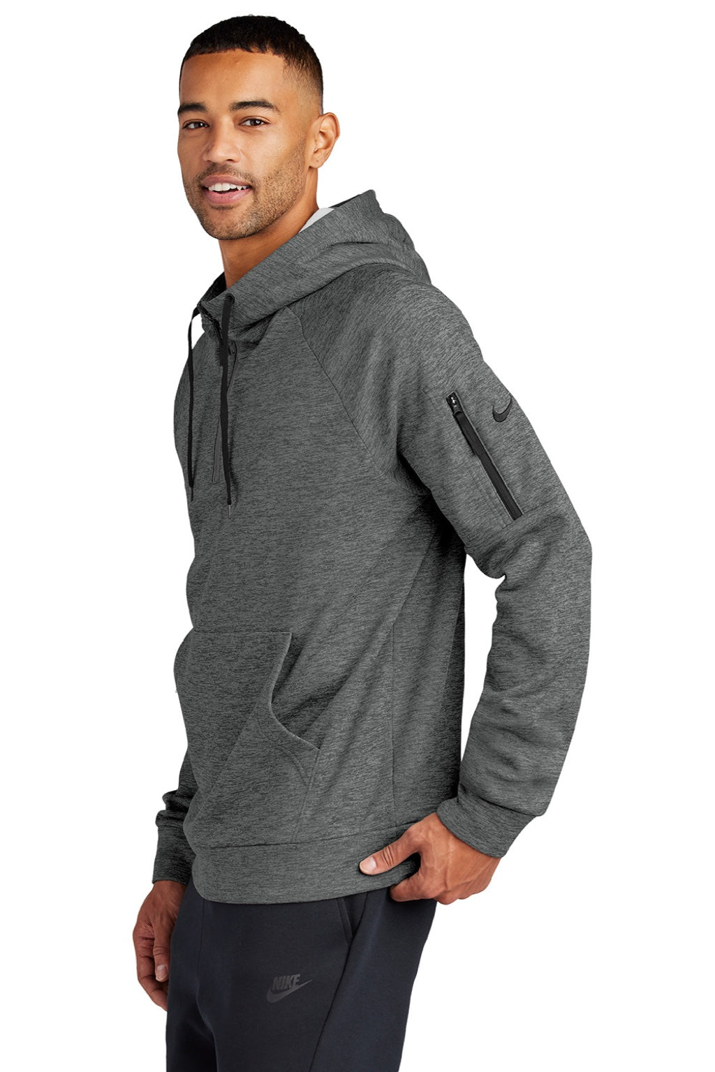 Nike NKFD9742 Mens Therma-Fit Fleece 1/4 Zip Hooded Sweatshirt Hoodie w/ Pouch Pocket Heather Charcoal Grey Model Side