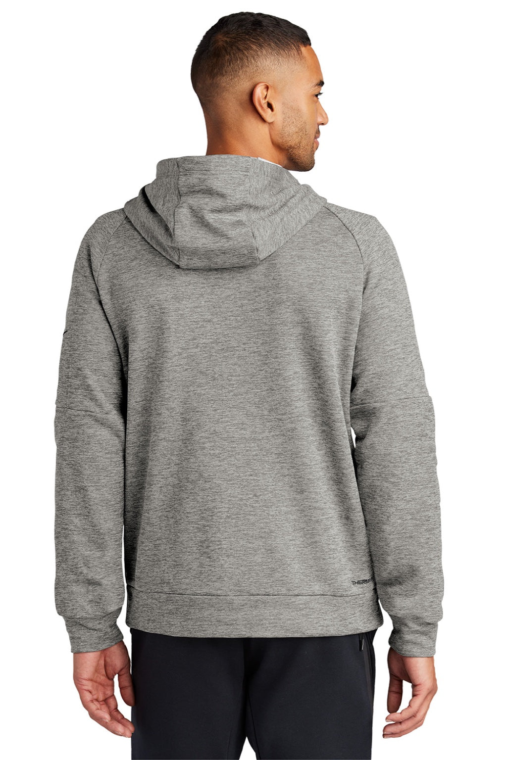 Nike NKFD9742 Mens Therma-Fit Fleece 1/4 Zip Hooded Sweatshirt Hoodie w/ Pouch Pocket Heather Dark Grey Model Back