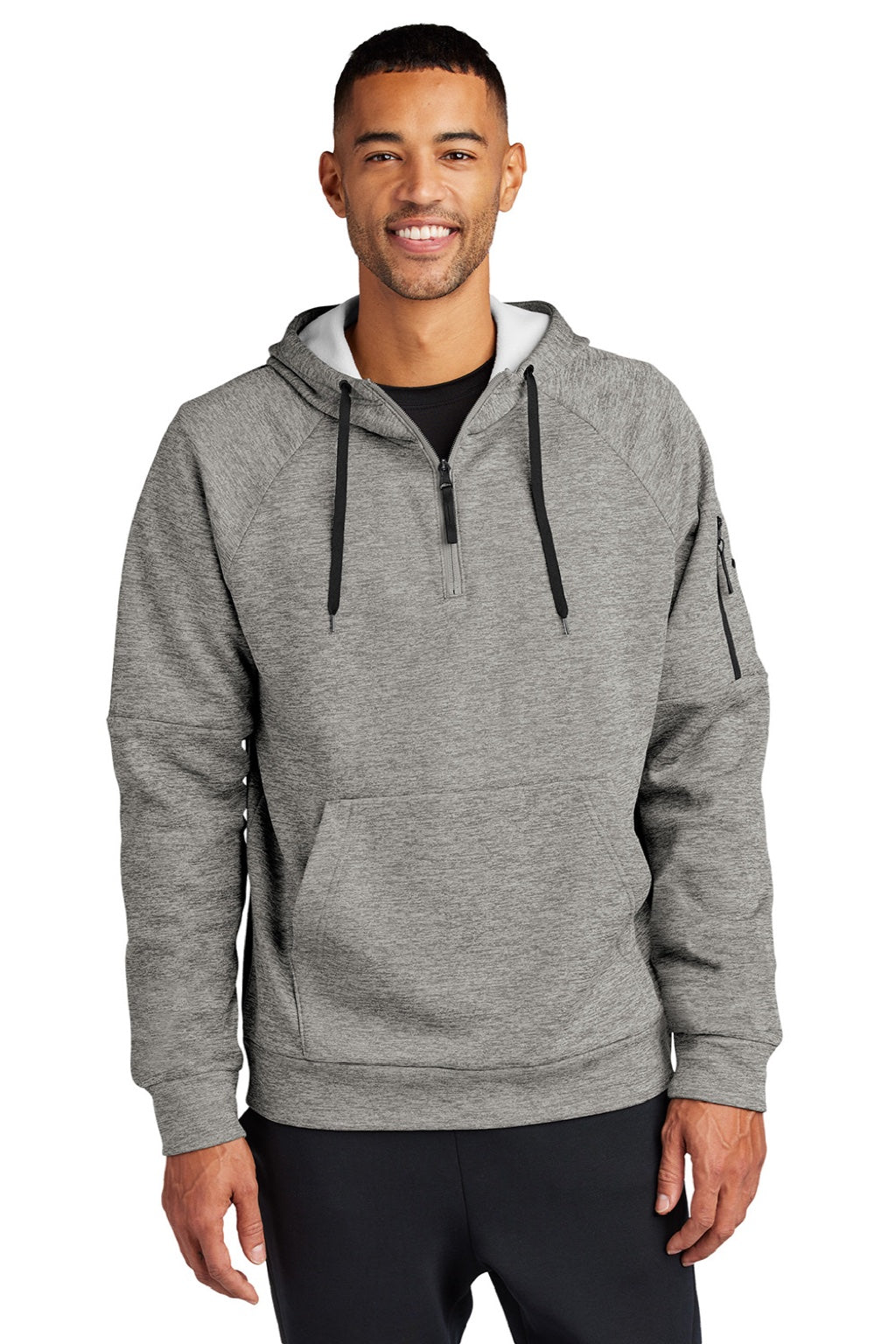 Nike NKFD9742 Mens Therma-Fit Fleece 1/4 Zip Hooded Sweatshirt Hoodie w/ Pouch Pocket Heather Dark Grey Model Front