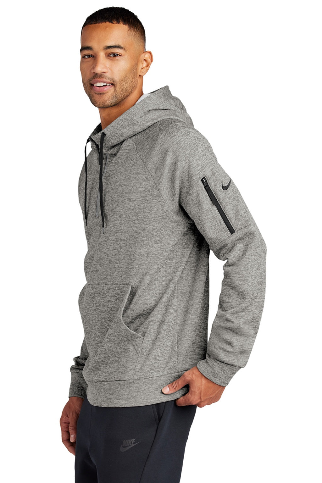 Nike NKFD9742 Mens Therma-Fit Fleece 1/4 Zip Hooded Sweatshirt Hoodie w/ Pouch Pocket Heather Dark Grey Model Side
