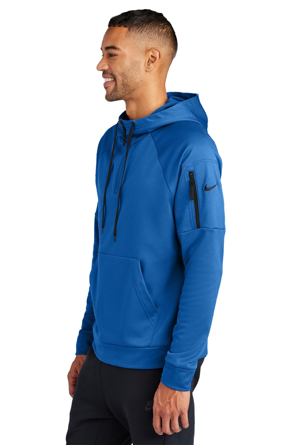 Nike NKFD9742 Mens Therma-Fit Fleece 1/4 Zip Hooded Sweatshirt Hoodie w/ Pouch Pocket Game Royal Blue Model Side