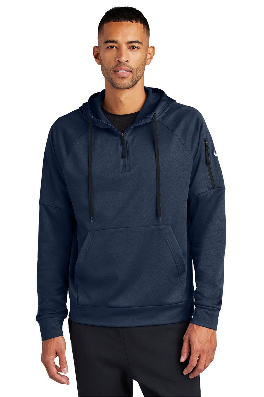 Nike NKFD9742 Mens Therma-Fit Fleece 1/4 Zip Hooded Sweatshirt Hoodie w/ Pouch Pocket Navy Blue Model Front
