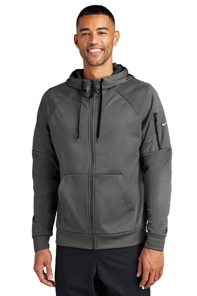 Nike NKFD9859 Mens Therma-Fit Fleece Full Zip Hooded Sweatshirt Hoodie w/ Pockets Anthracite Grey Model Front