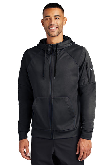 Nike NKFD9859 Mens Therma-Fit Fleece Full Zip Hooded Sweatshirt Hoodie w/ Pockets Black Model Front