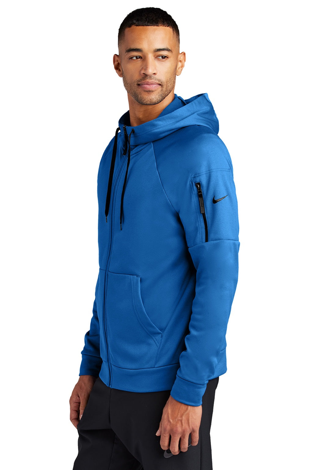 Nike NKFD9859 Mens Therma-Fit Fleece Full Zip Hooded Sweatshirt Hoodie w/ Pockets Game Royal Blue Model Side