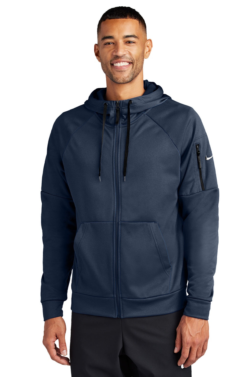 Nike NKFD9859 Mens Therma-Fit Fleece Full Zip Hooded Sweatshirt Hoodie w/ Pockets Navy Blue Model Front