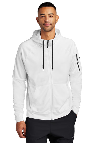 Nike NKFD9859 Mens Therma-Fit Fleece Full Zip Hooded Sweatshirt Hoodie w/ Pockets White Model Front