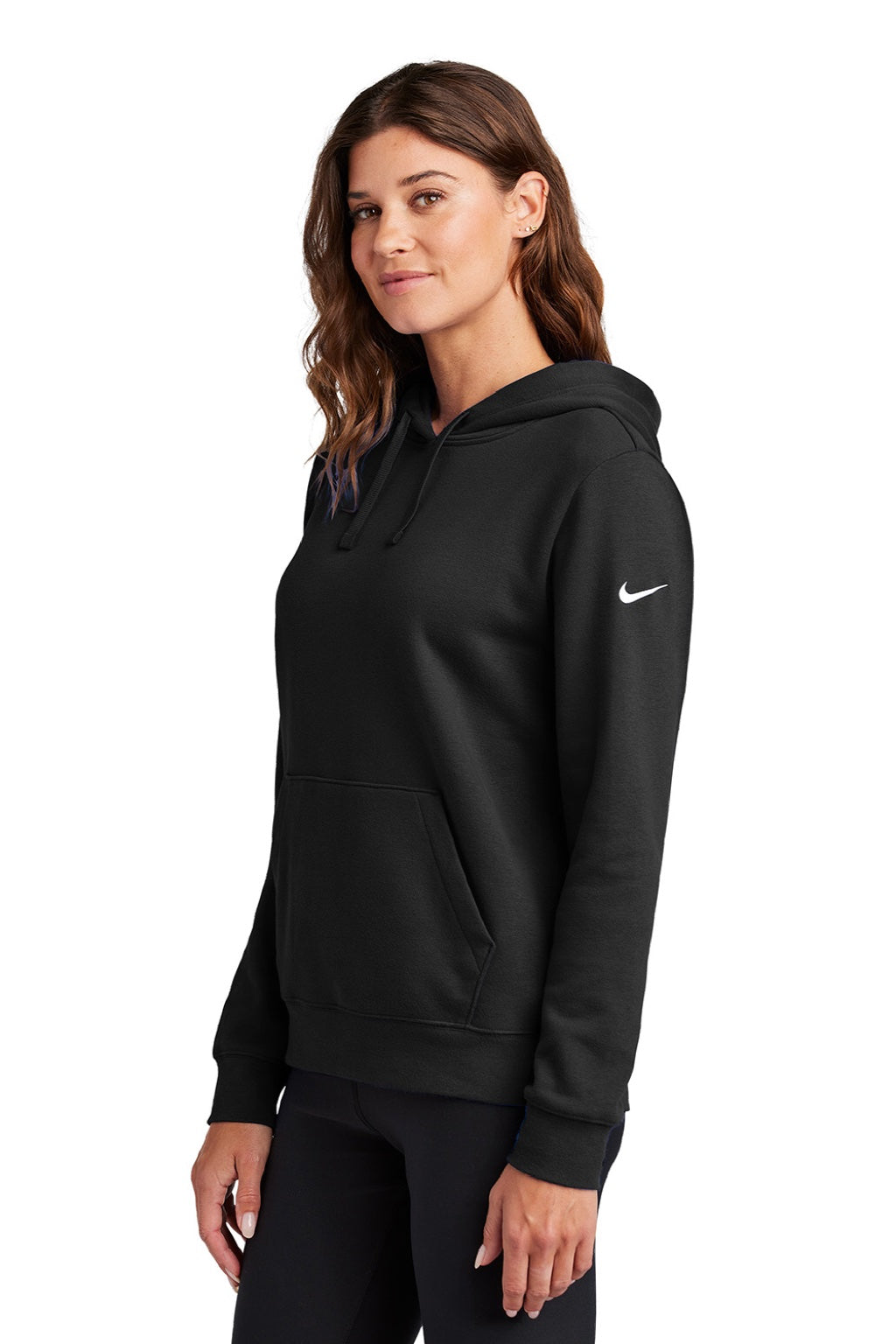 Nike NKFD9889 Womens Club Fleece Hooded Sweatshirt Hoodie w/ Pouch Pockets Black Model Side