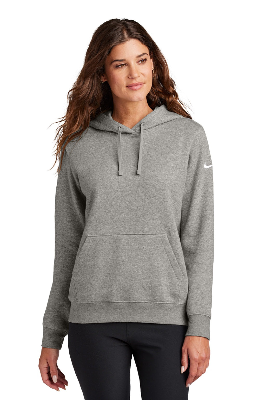 Nike NKFD9889 Womens Club Fleece Hooded Sweatshirt Hoodie w/ Pouch Pockets Heather Dark Grey Model Front