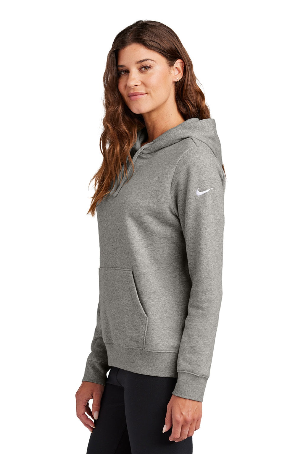 Nike NKFD9889 Womens Club Fleece Hooded Sweatshirt Hoodie w/ Pouch Pockets Heather Dark Grey Model Side