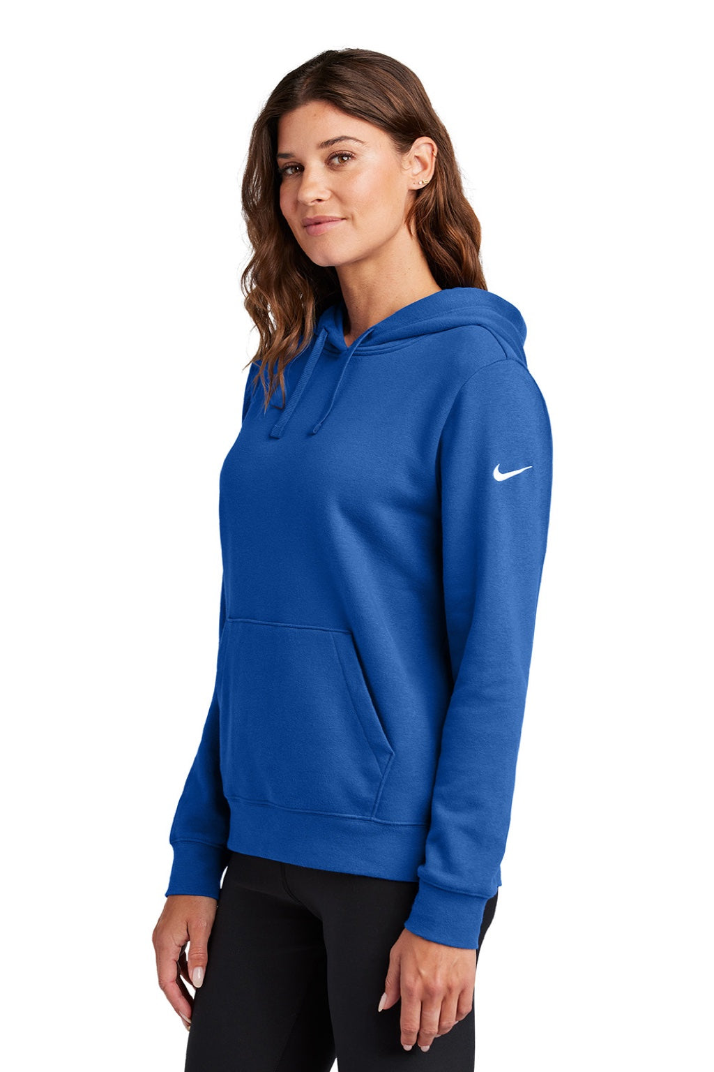 Nike NKFD9889 Womens Club Fleece Hooded Sweatshirt Hoodie w/ Pouch Pockets Game Royal Blue Model Side