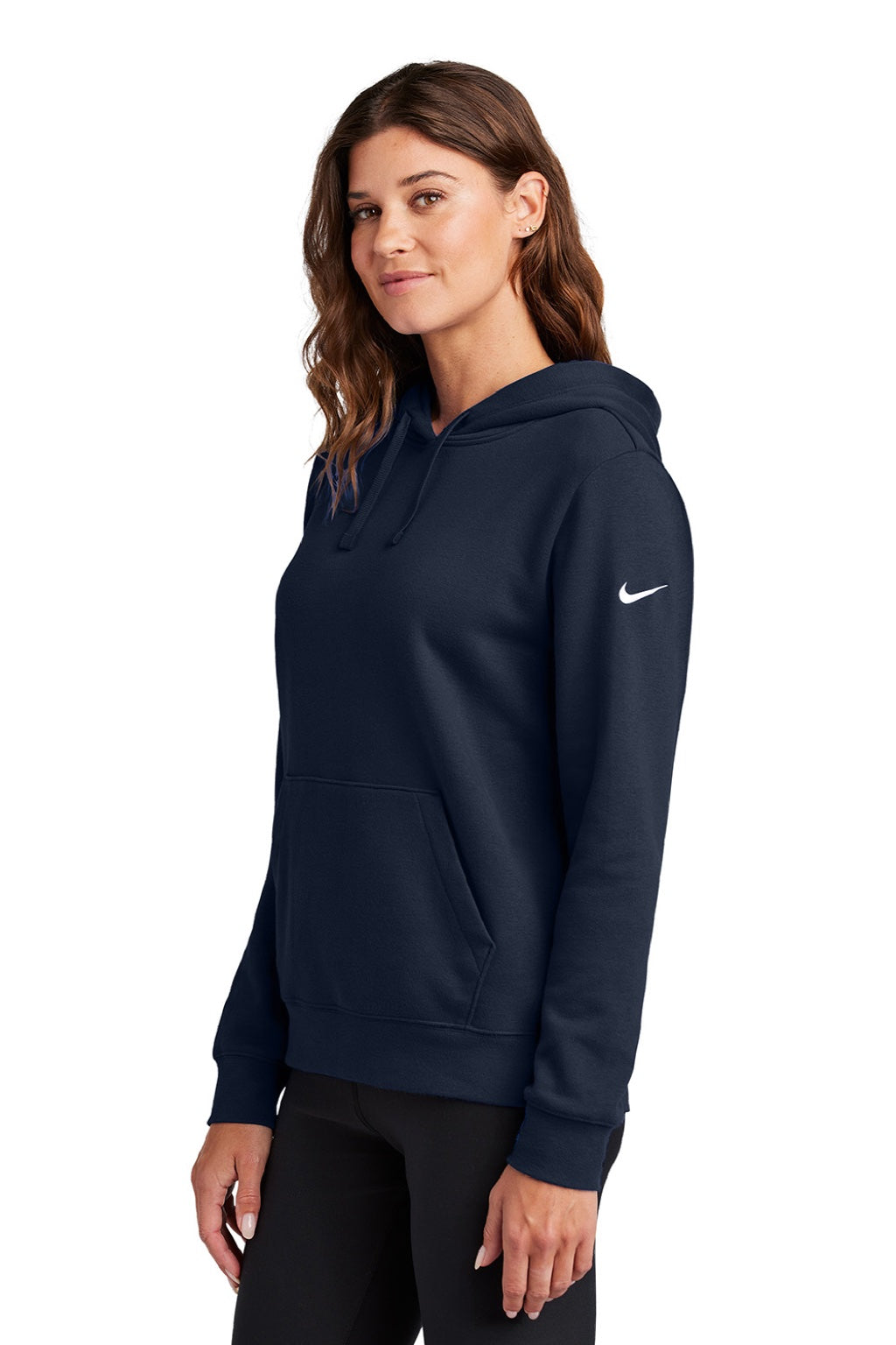 Nike NKFD9889 Womens Club Fleece Hooded Sweatshirt Hoodie w/ Pouch Pockets Midnight Navy Blue Model Side