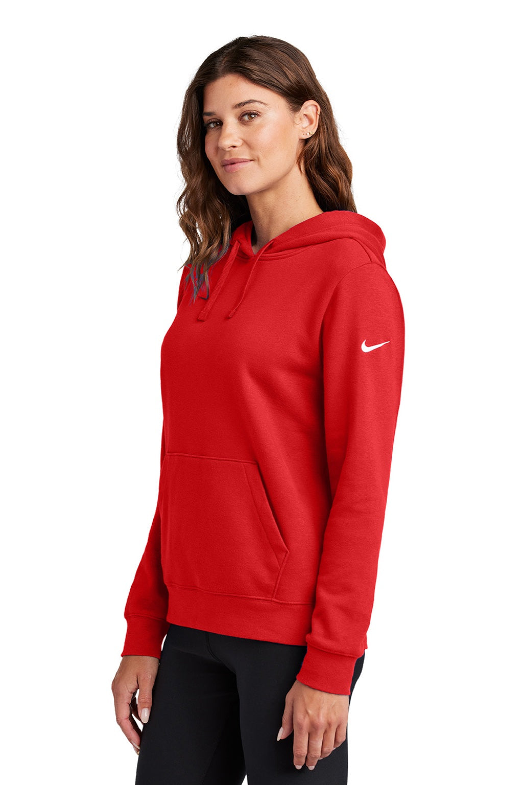 Nike NKFD9889 Womens Club Fleece Hooded Sweatshirt Hoodie w/ Pouch Pockets University Red Model Side