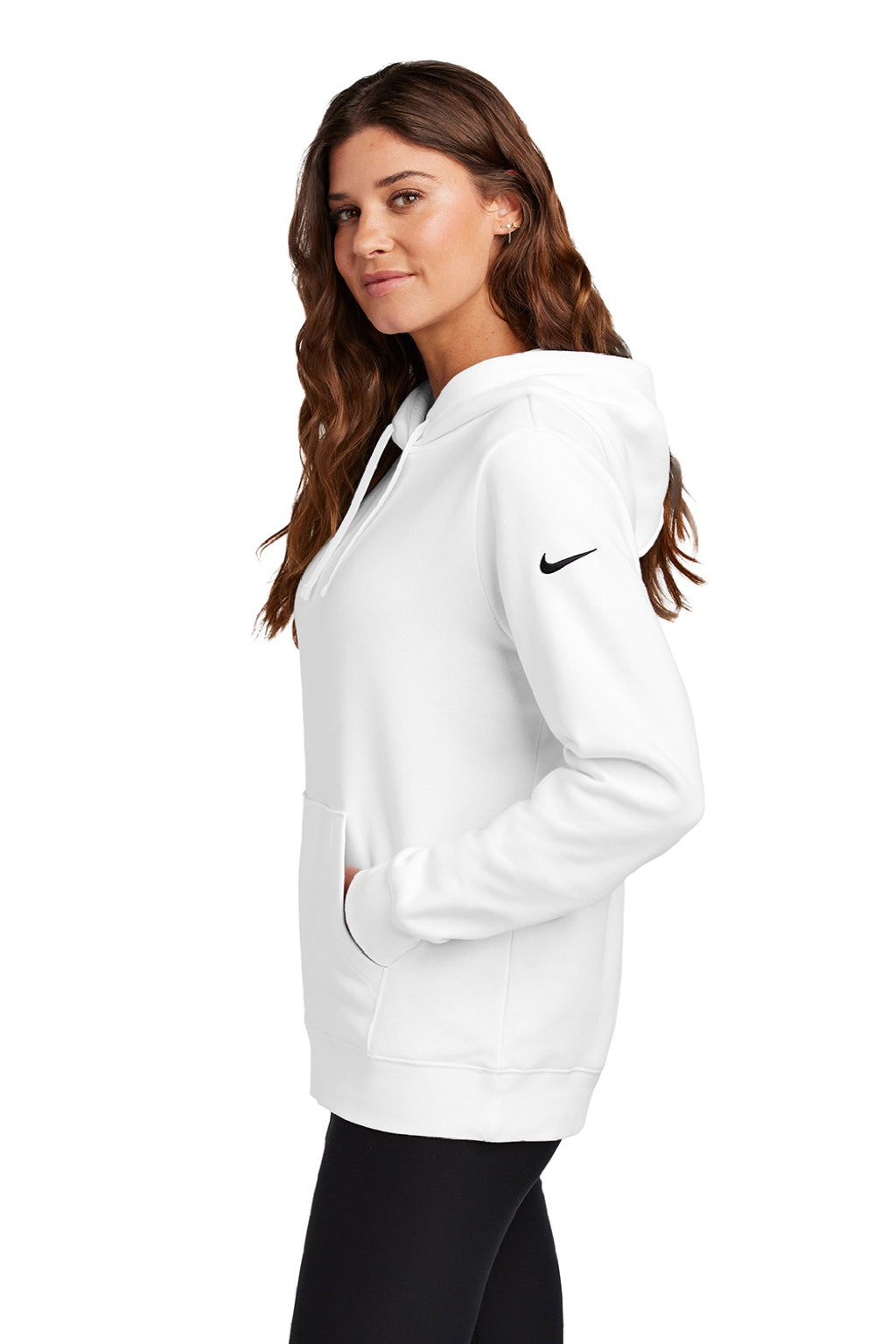Nike NKFD9889 Womens Club Fleece Hooded Sweatshirt Hoodie w/ Pouch Pockets White Model Side