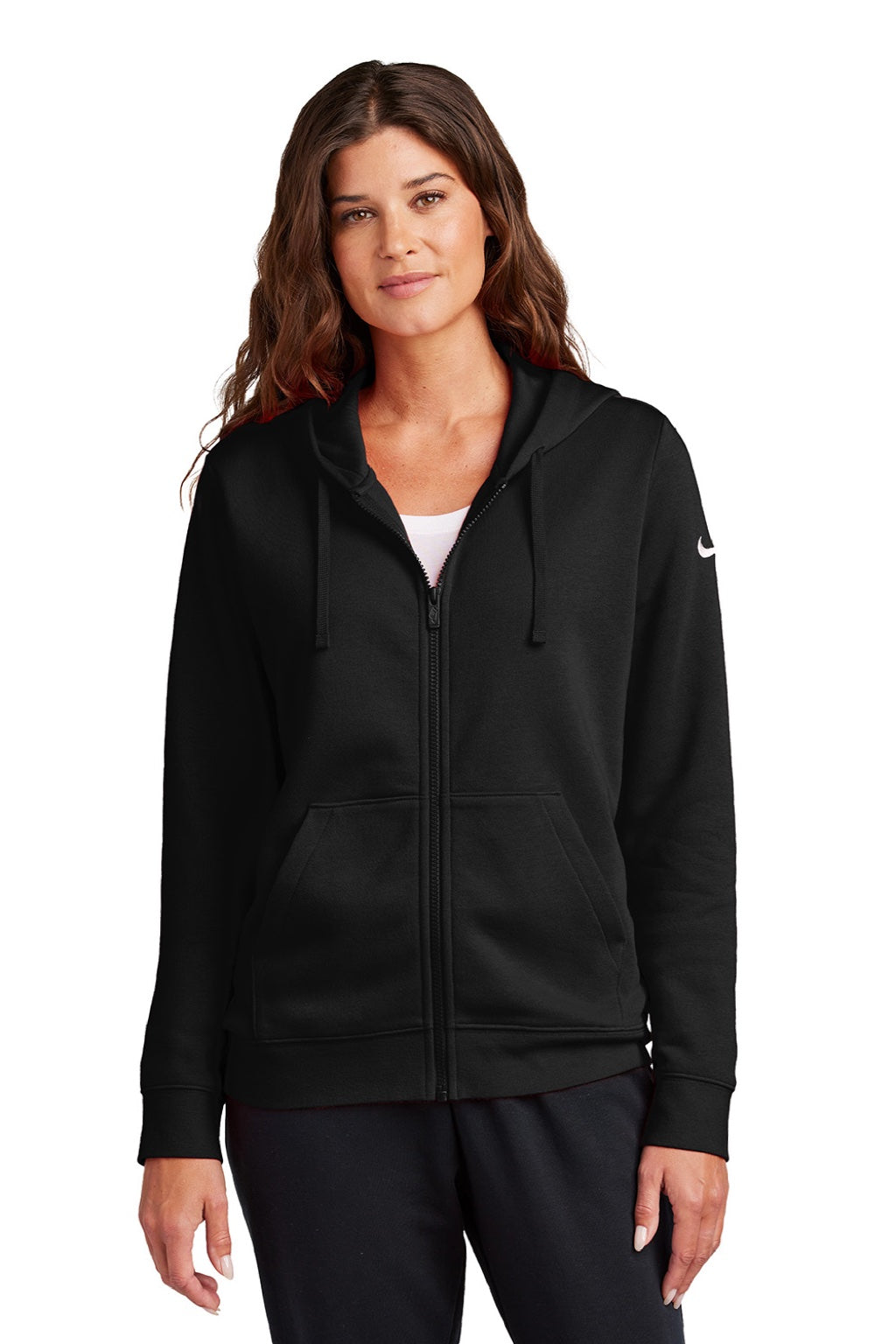 Nike NKFD9890 Womens Club Fleece Full Zip Hooded Sweatshirt Hoodie w/ Pockets Black Model Front
