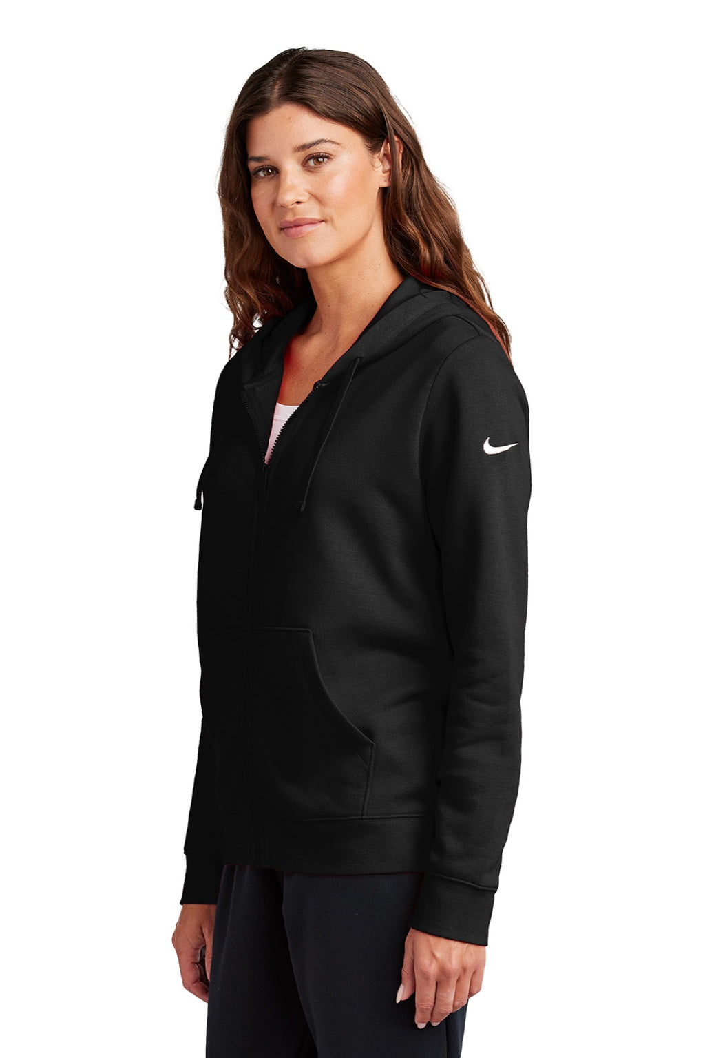 Nike NKFD9890 Womens Club Fleece Full Zip Hooded Sweatshirt Hoodie w/ Pockets Black Model Side