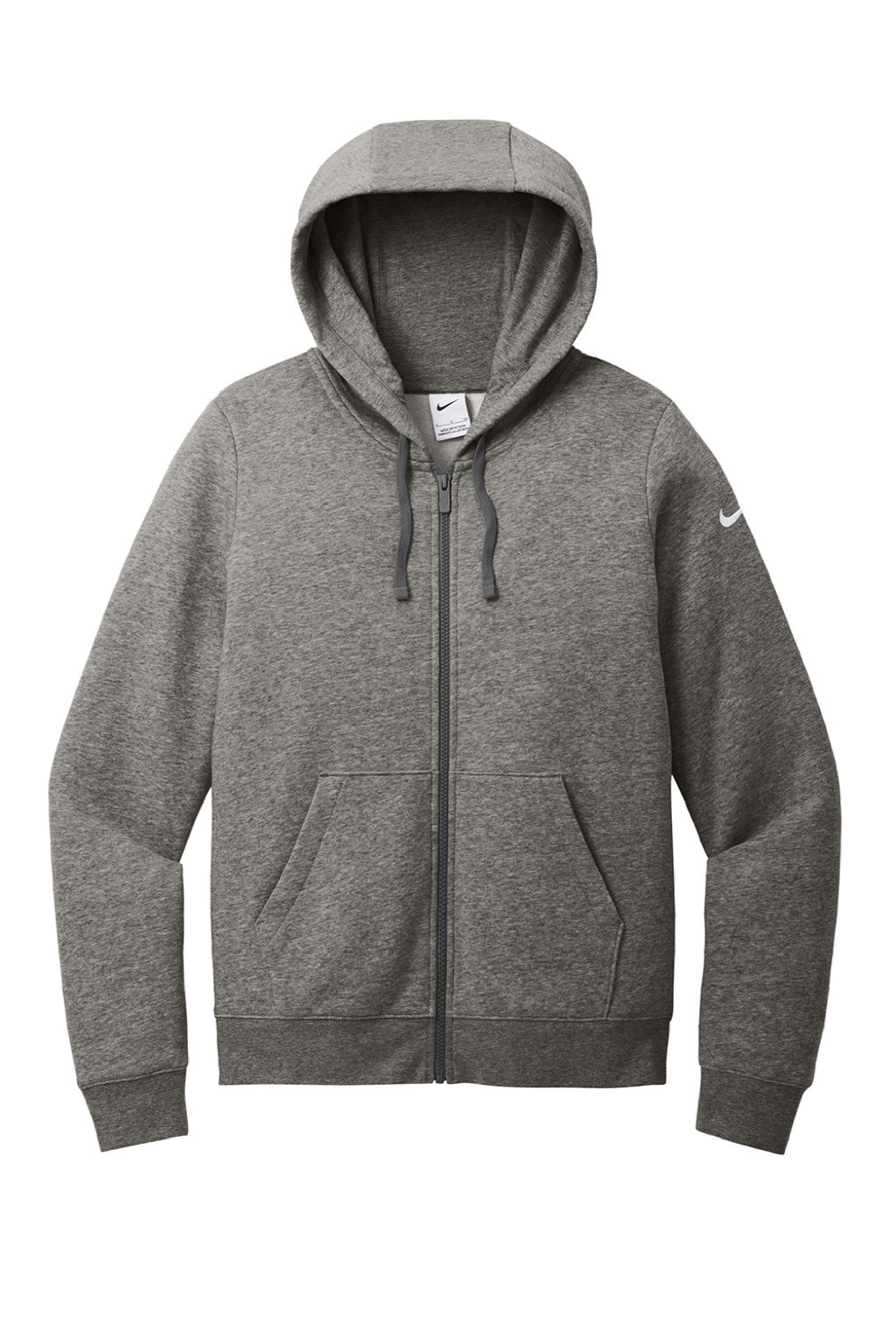 Nike NKFD9890 Womens Club Fleece Full Zip Hooded Sweatshirt Hoodie w/ Pockets Heather Charcoal Grey Flat Front