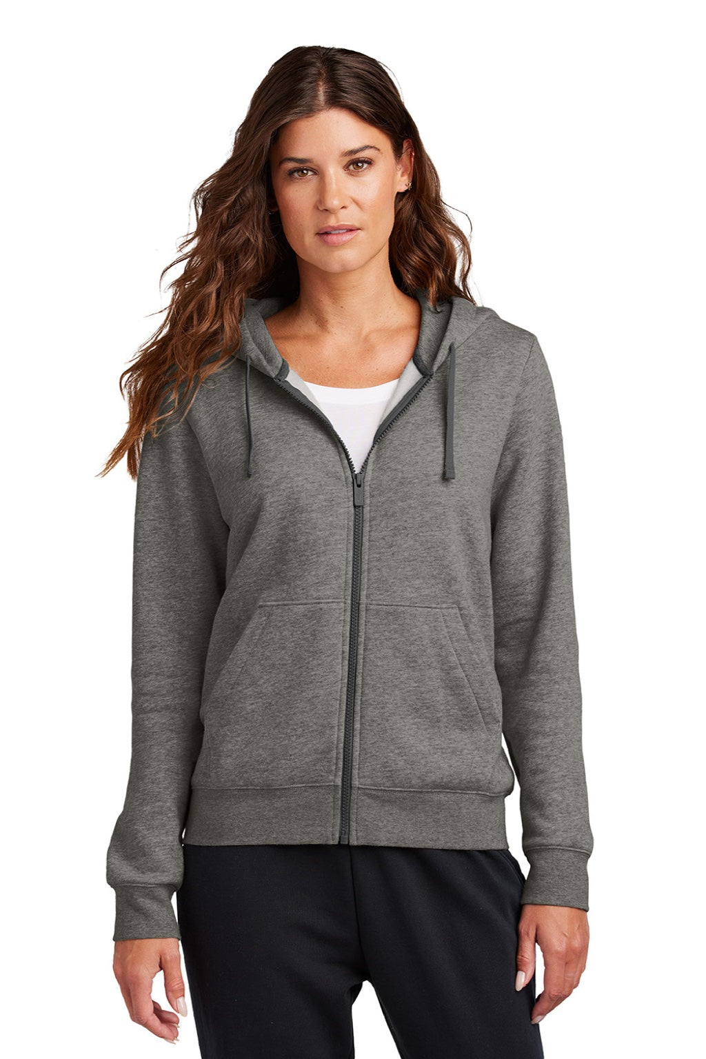 Nike NKFD9890 Womens Club Fleece Full Zip Hooded Sweatshirt Hoodie w/ Pockets Heather Charcoal Grey Model Front