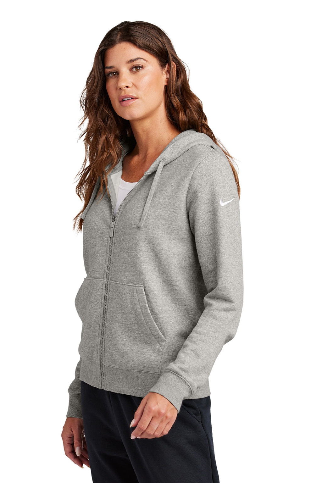 Nike NKFD9890 Womens Club Fleece Full Zip Hooded Sweatshirt Hoodie w/ Pockets Heather Dark Grey Model Side