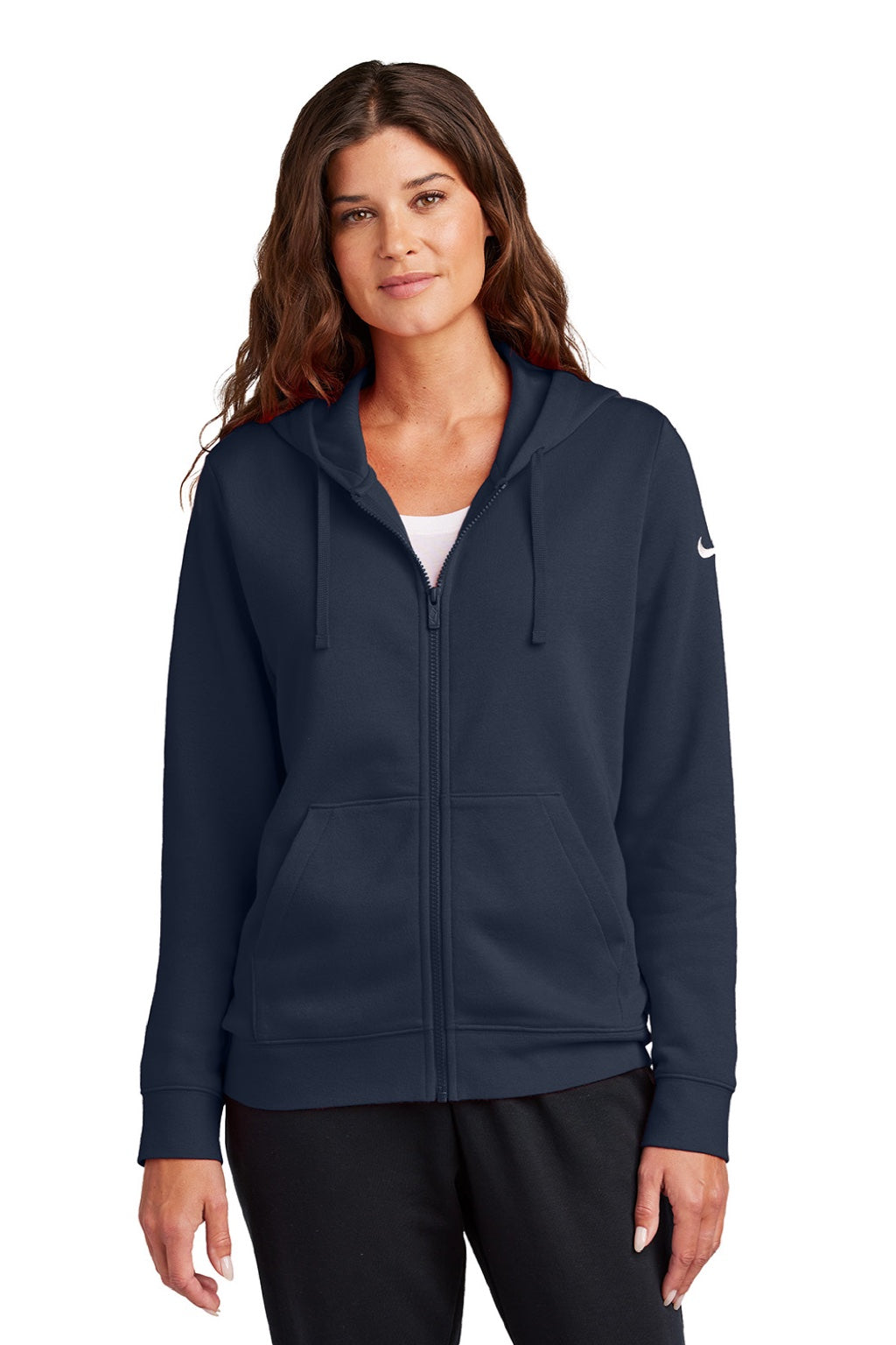 Nike NKFD9890 Womens Club Fleece Full Zip Hooded Sweatshirt Hoodie w/ Pockets Midnight Navy Blue Model Front