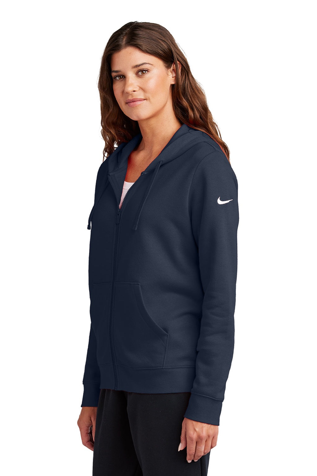 Nike NKFD9890 Womens Club Fleece Full Zip Hooded Sweatshirt Hoodie w/ Pockets Midnight Navy Blue Model Side