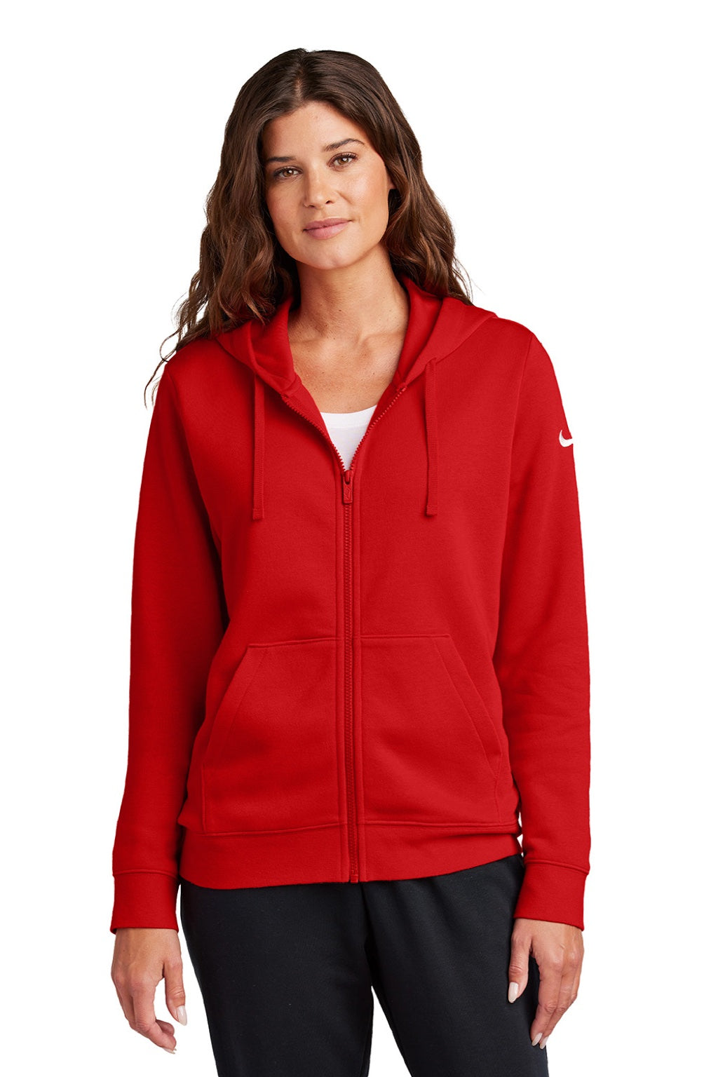 Nike NKFD9890 Womens Club Fleece Full Zip Hooded Sweatshirt Hoodie w/ Pockets University Red Model Front