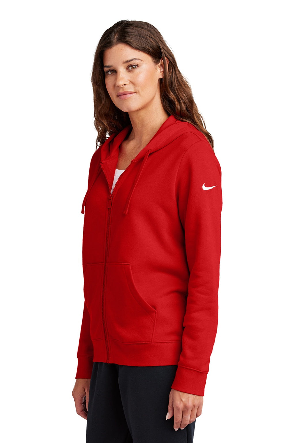 Nike NKFD9890 Womens Club Fleece Full Zip Hooded Sweatshirt Hoodie w/ Pockets University Red Model Side