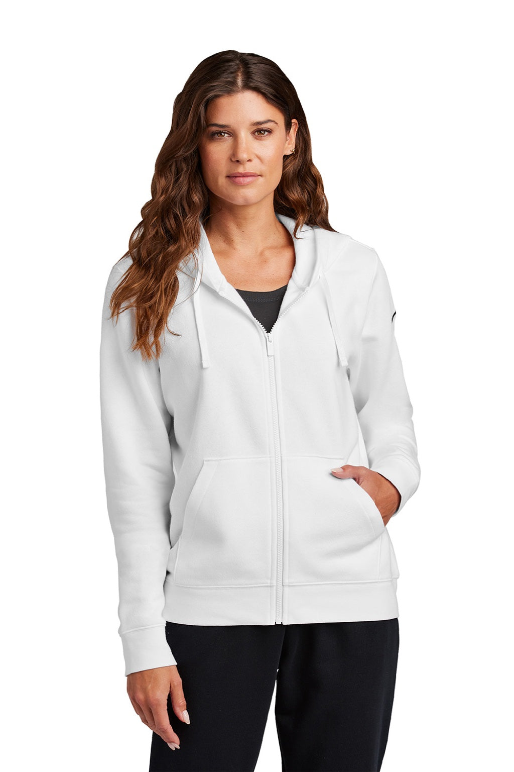 Nike NKFD9890 Womens Club Fleece Full Zip Hooded Sweatshirt Hoodie w/ Pockets White Model Front