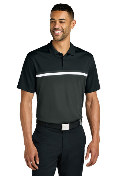 Nike NKFQ3968 Mens Victory Dri-Fit Moisture Wicking Colorblock Short Sleeve Polo Shirt Black/Anthracite Grey/White Model Front
