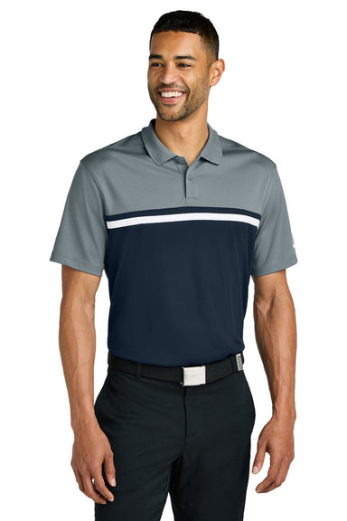 Nike NKFQ3968 Mens Victory Dri-Fit Moisture Wicking Colorblock Short Sleeve Polo Shirt Cool Grey/Navy Blue/White Model Front