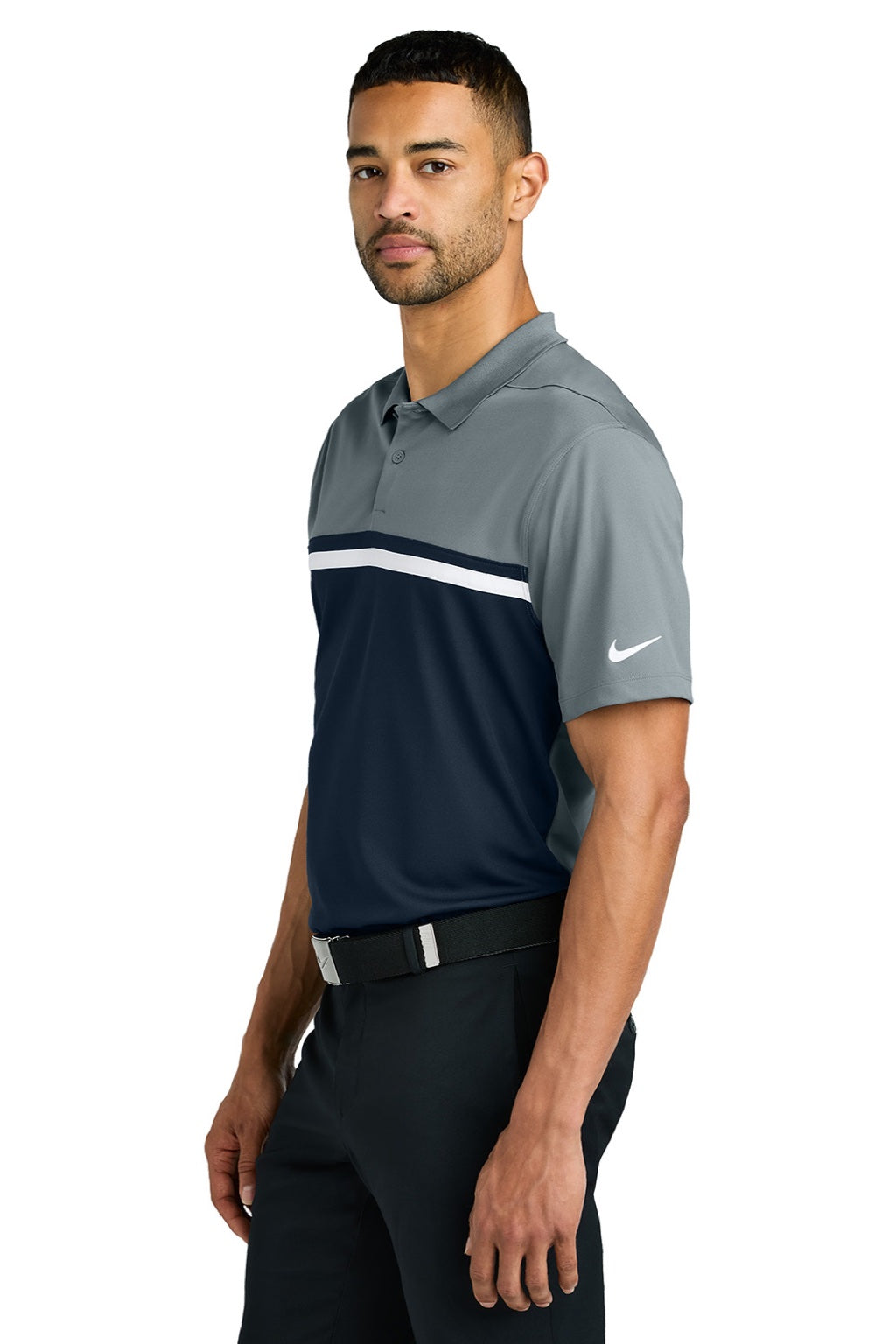Nike NKFQ3968 Mens Victory Dri-Fit Moisture Wicking Colorblock Short Sleeve Polo Shirt Cool Grey/Navy Blue/White Model Side