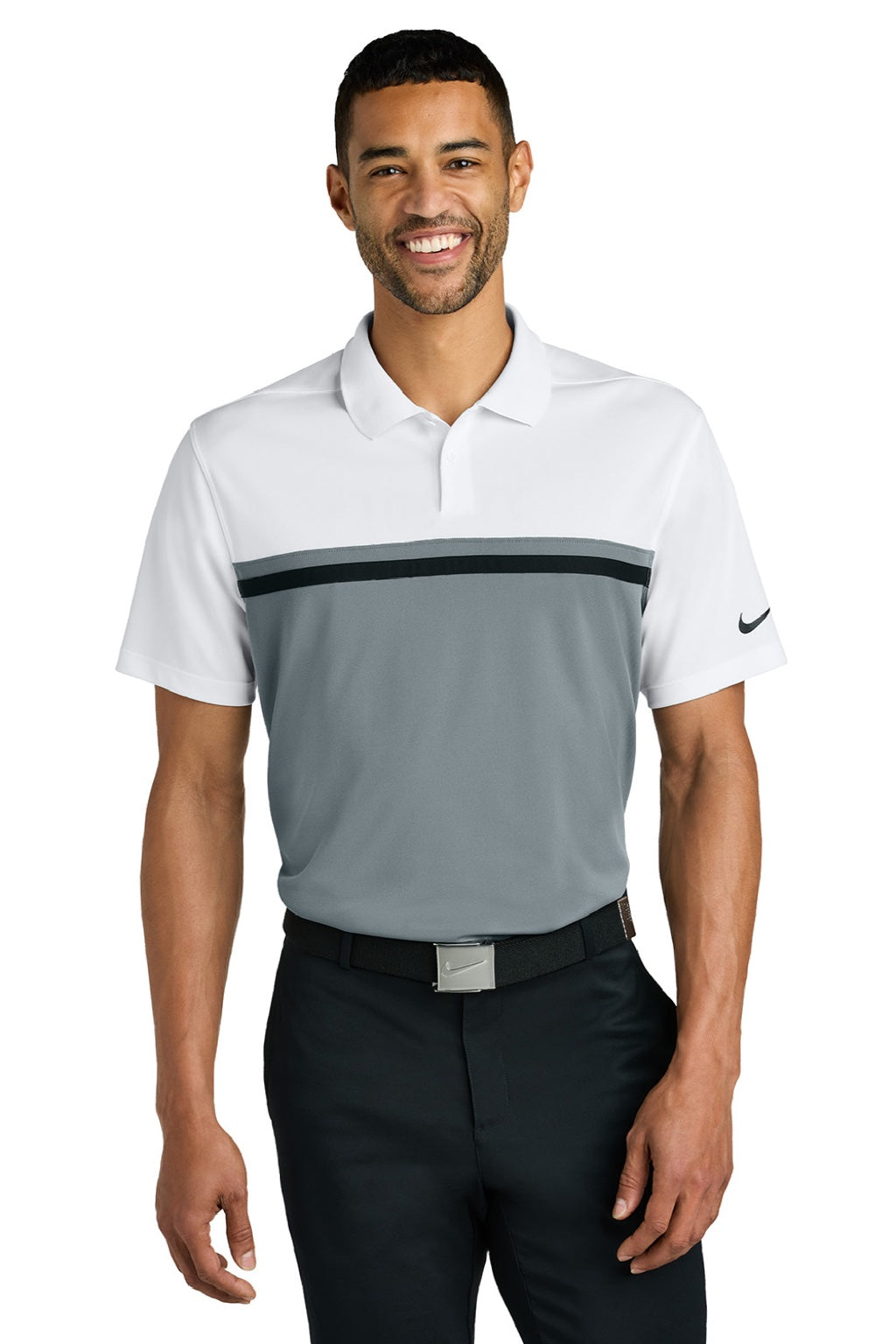 Nike NKFQ3968 Mens Victory Dri-Fit Moisture Wicking Colorblock Short Sleeve Polo Shirt White/Cool Grey/Black Model Front