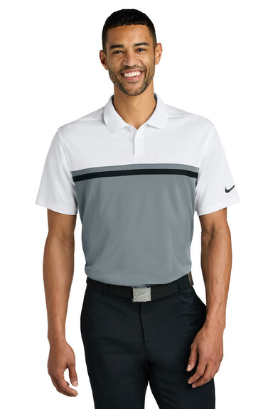 Nike NKFQ3968 Mens Victory Dri-Fit Moisture Wicking Colorblock Short Sleeve Polo Shirt White/Cool Grey/Black Model Front