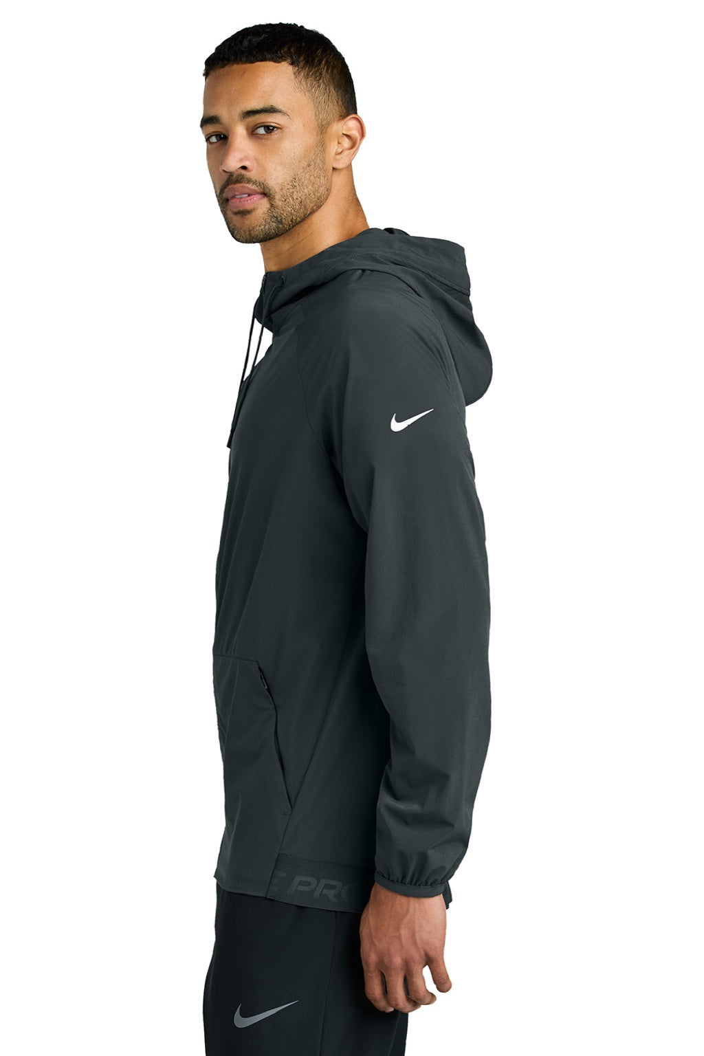 Nike NKFQ4761 Mens Pro Dri-Fit Moisture Wicking Full Zip Hooded Jacket Anthracite Grey Model Side