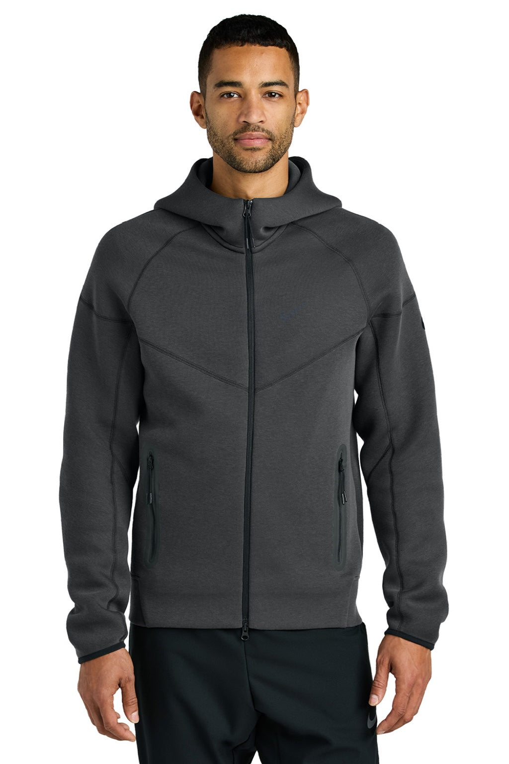 Nike NKFQ4762 Mens Tech Fleece Full Zip Hooded Sweatshirt Hoodie w/ Pockets Heather Anthracite Grey Model Front