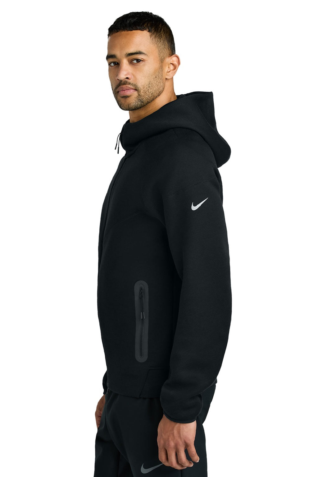 Nike NKFQ4762 Mens Tech Fleece Full Zip Hooded Sweatshirt Hoodie w/ Pockets Black Model Side