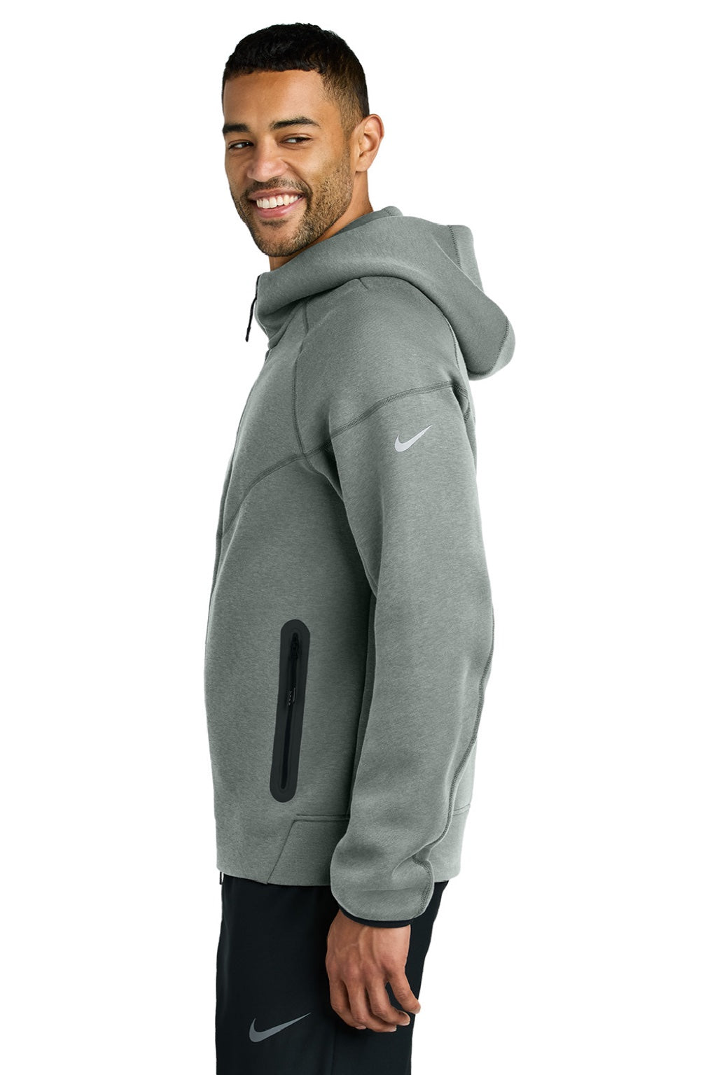 Nike NKFQ4762 Mens Tech Fleece Full Zip Hooded Sweatshirt Hoodie w/ Pockets Heather Dark Grey Model Side