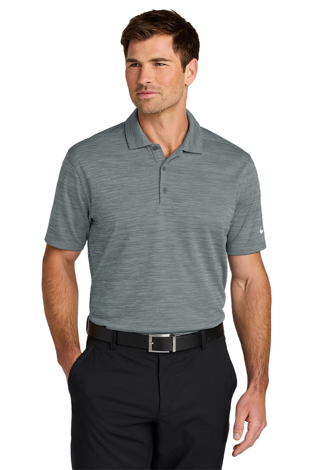 Nike NKFQ4792 Mens Dri-Fit Moisture Wicking Striated Short Sleeve Polo Shirt Cool Grey Model Front