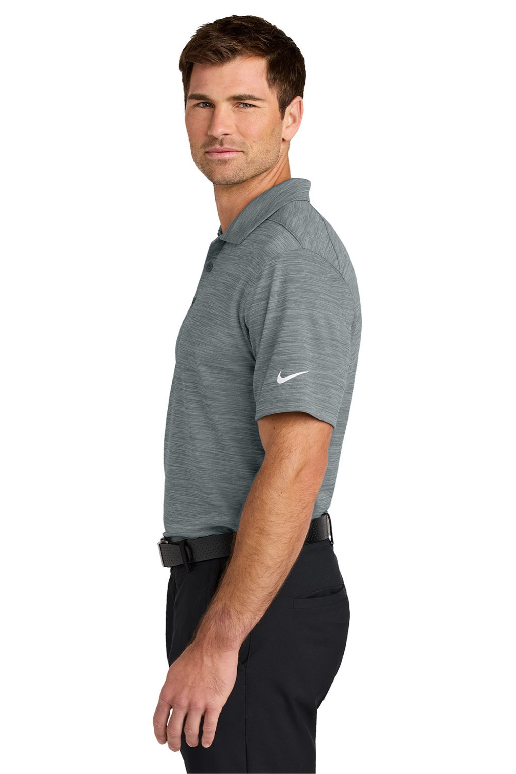 Nike NKFQ4792 Mens Dri-Fit Moisture Wicking Striated Short Sleeve Polo Shirt Cool Grey Model Side